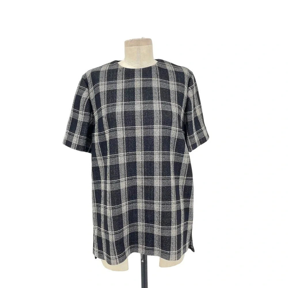 Proenza Schouler Black Plaid Short Sleeve Structured Top Size US 6
